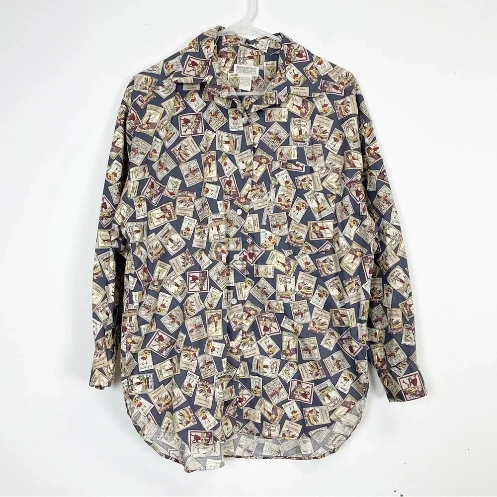 Banana Republic Safari Travel Shirt Mens Medium Ski Club Stamp AOP Button Down